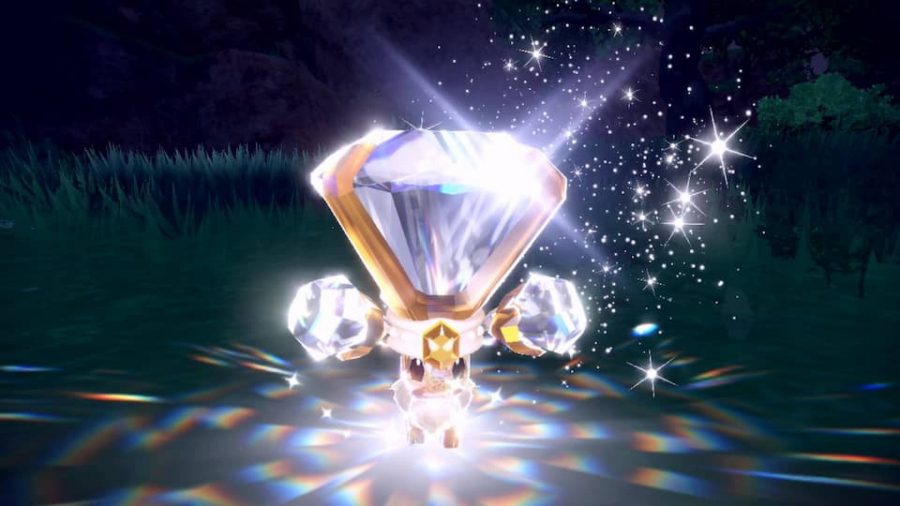 Pokemon Scarlet & Violet Terastal Pokemon: スクリーンショットは、ポケモン イーブイが水晶のような鎧に包まれていて、頭から宝石が突き出ているところを示しています