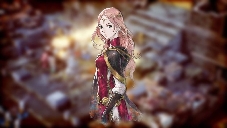 Triangle Strategy のキャラクター: ゲーム Triangle Strategy のキー アートには、ピンクの髪の若い女性のイラストと、堂々とした赤い衣装が描かれています。 