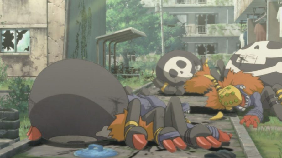 Digimon Survive のカットシーンからドクグモンのグループが倒された放棄された町
