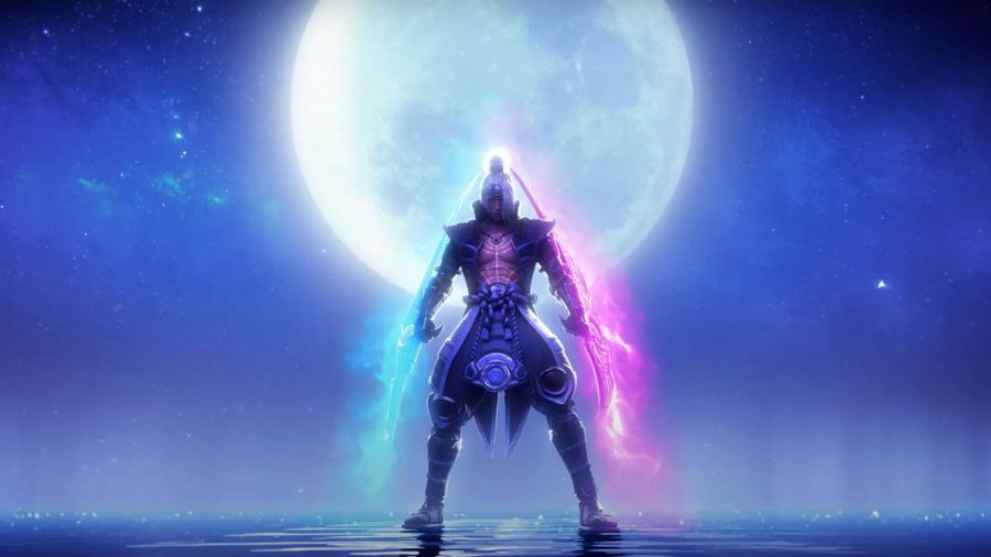 色付きの剣で月の下に立っているスマイト キャラクター ツクヨミ 