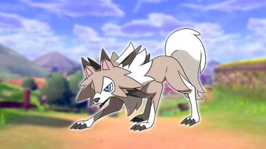 最高の犬のポケモン: Lycanroc と呼ばれる狼男ポケモンは、緑の背景に対して表示されます。