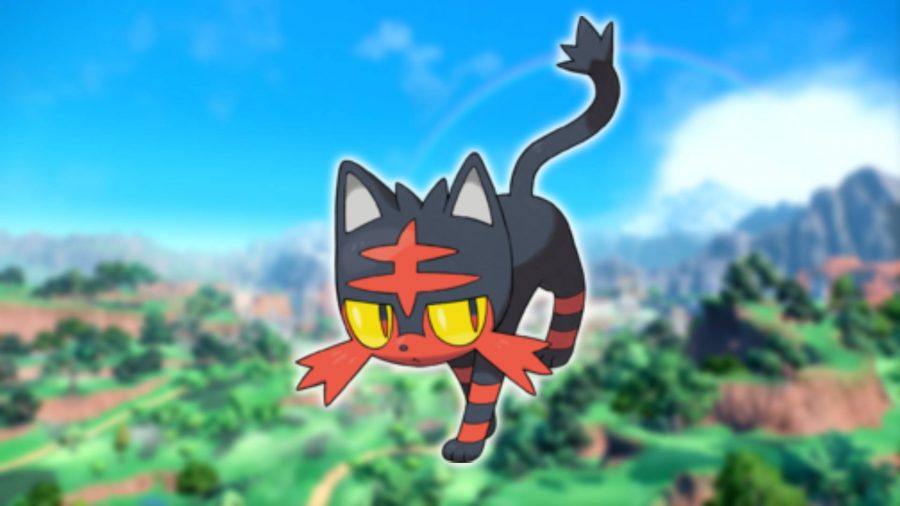 ネコ ポケモン: ポケモン スカーレットとバイオレットの背景の上にネコ ポケモン リテンの画像が表示されます。