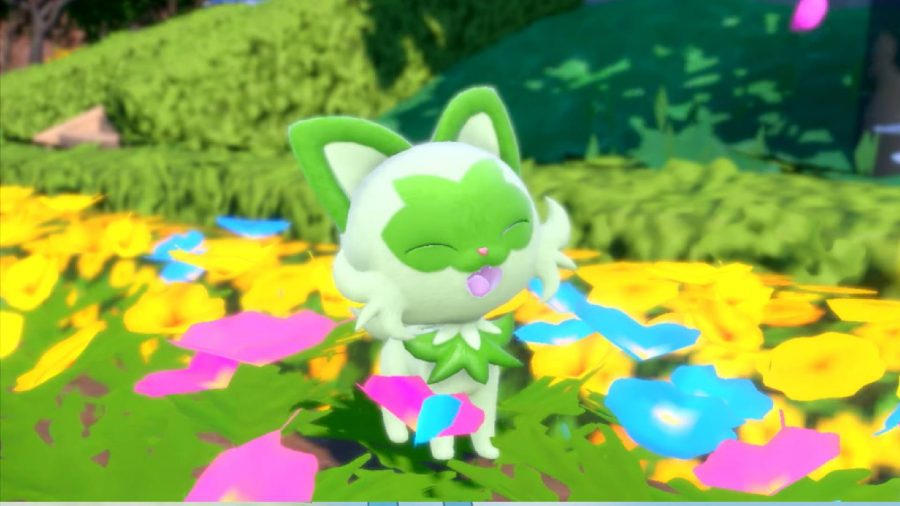 ネコ ポケモン: ポケットモンスター スカーレットとスミレの画像は、草タイプのネコ ポケモン スプリガティットが花畑に楽しそうに座っている様子を示しています