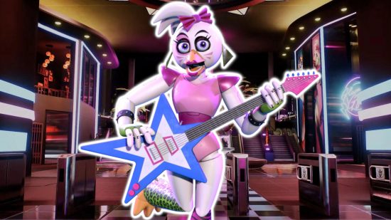 FNAF Chica: メガ ピザプレックスの入り口の背景に貼り付けられた、星形のエレクトリック ギターを持ち、白で輪郭を描かれた Glamrock Chica。