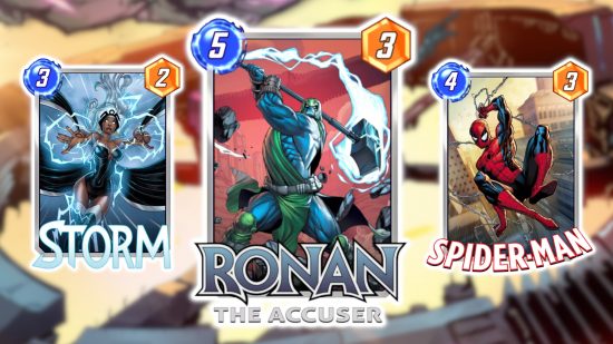 Marvel Snap のホットな場所: Orchis Forge のぼやけた背景とストーム、ロナン ザ アキューザー、スパイダーマンのカード アートが上に貼り付けられ、ロナン ザ アキュザーが他の 2 つよりも大きくなっています。