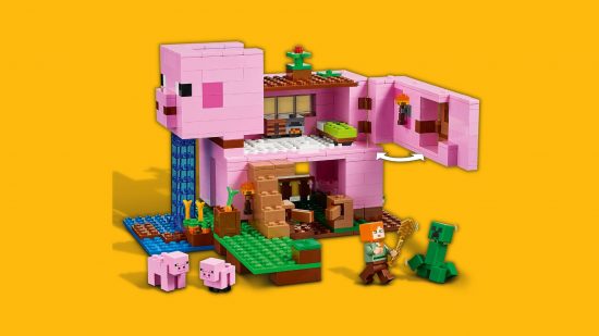 マインクラフトのおもちゃ 機能的なキッチンと滝のあるピッグハウス