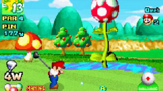最高の GBA ゲーム リストのマリオ ゴルフでティーオフするマリオのスクリーンショット