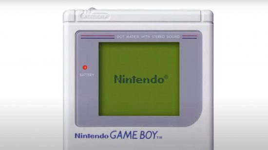Nintendo Switch オンライン ゲーム ボーイ ゲーム: 画面に任天堂のロゴが表示されたゲーム ボーイが表示されます。