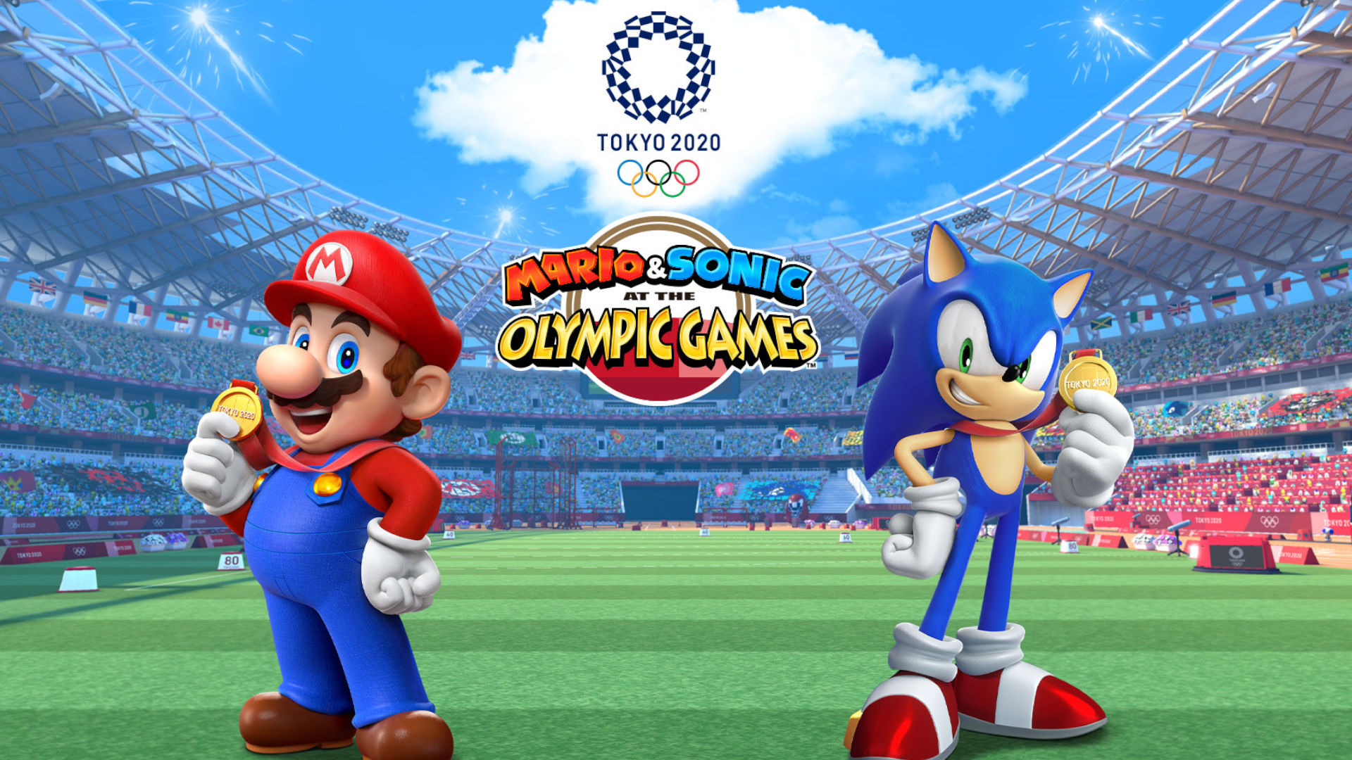 東京2020オリンピックでマリオとソニックがカバー、マリオとソニックがスタジアムに立っている