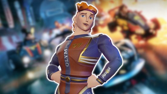 ディズニー スピードストームのキャラクター: ネイビー ブルーのトップスに茶色のアーマーのようなレーシング スーツを着たヘラクレス。 彼は白で輪郭が描かれており、ぼやけた背景に貼り付けられています。