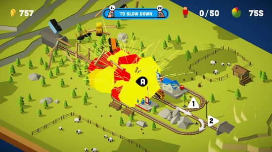 トレイン ゲーム: 一連の接続された線路と爆発する小さな列車を上から見下ろしたビューで表示します。