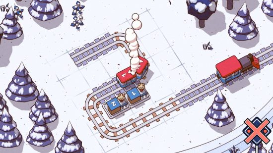 トレイン ゲーム: 2 つの列車が線路上を動き回る様子を上から見下ろしたビュー