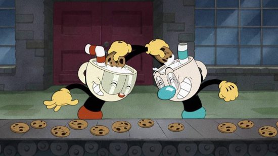 Cuphead Mugman: The Cuphead Show のスクリーンショットでは、Cuphead と Mugman がお互いの頭のカップにビスケットを浸しているのが見えます。