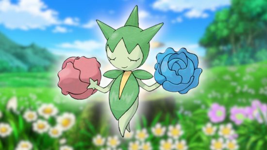 フラワー ポケモン: Roselia の Pokedex アートは、花畑と青い空が特徴のポケモン アニメのスクリーン キャップに貼り付けられました。