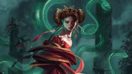 ウィッチャー 3 グウェント カード: ヘビと濃い緑色の背景に赤いドレスを着た Francesca Findabair。