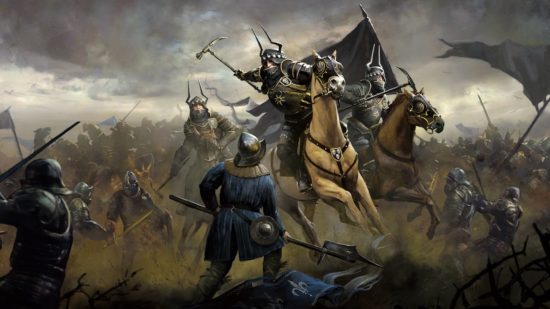 ウィッチャー 3 グウェント カード: 争いに満ちた灰色の戦場で​​、馬に乗った騎士が誰かを切り倒します。