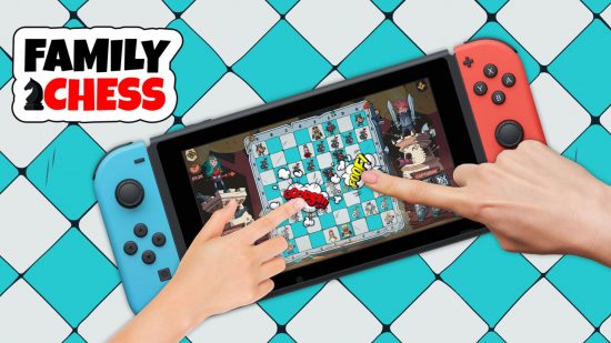 チェスをプレイ - Nintendo Switch でファミリー チェスをプレイし、Switch でゲームをプレイしている両手を示します