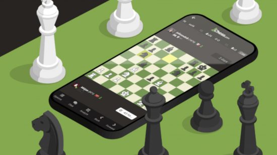 モバイルでチェスをプレイ - 画面にチェス盤があり、その周りに複数のポーンがある電話のイラスト