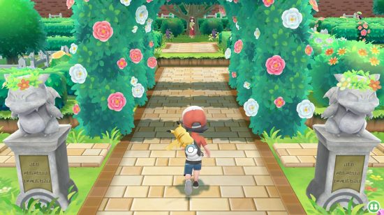 子供向けスイッチ ゲーム Pokémon Lets Go: 庭にいるトレーナーとピカチュウ