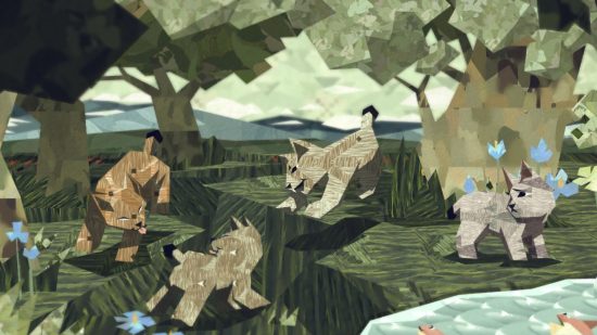 ワイルドライフ ゲーム シェルター ジェネレーションズ: 紙のような漫画スタイルのオオヤマネコの家族