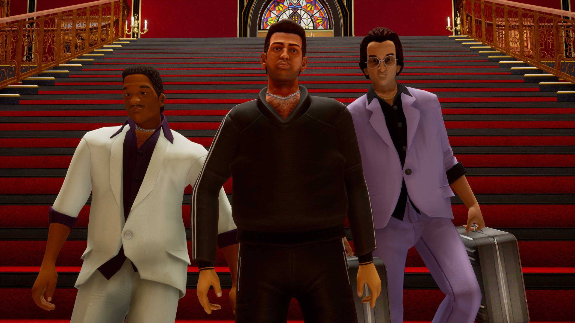 スクーター ゲーム -- GTA バイスシティのショットで、赤い階段にスーツ姿の 3 人の男性が映っています。 左側の男性は白いスーツを着ており、右側の男性は紫色のスーツを着てブリーフケースを持っており、中央の男性は黒いスーツを着ています。