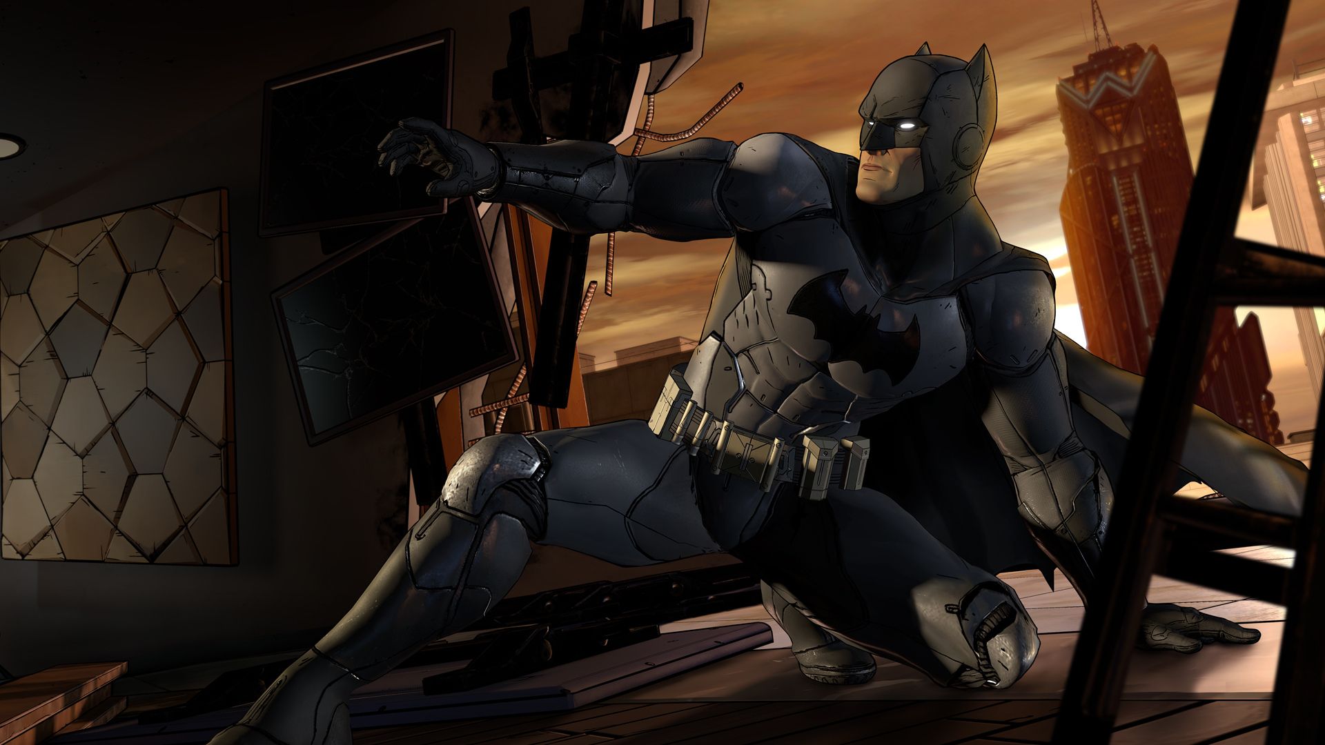 バットマン ゲーム - 暗いシーンでバットマンが屋根を横切って滑り、片方の膝を上げ、もう一方の膝を地面に下ろします。