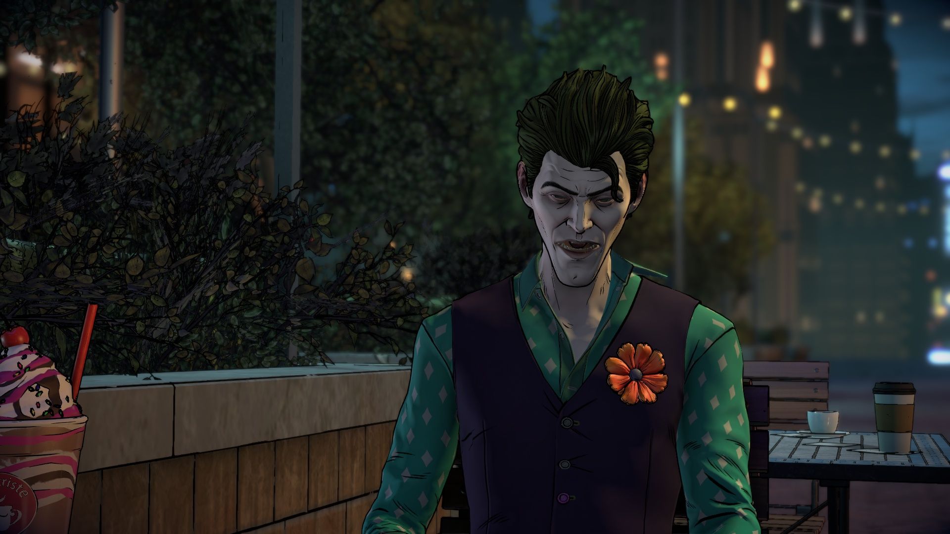 バットマンのゲーム - ジョーカー、短い髪の男、緑のシャツ、ポケットに花が入った紫のベスト、寂しげな外を探しています。