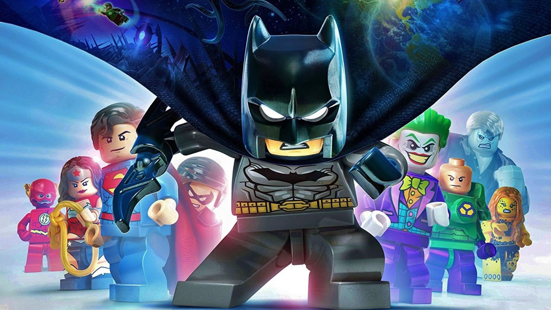 バットマン ゲーム - 味方と敵の三角形の前に立つレゴ バットマン -- スーパーマン、フラッシュ、ワンダーウーマン、ジョーカーなど