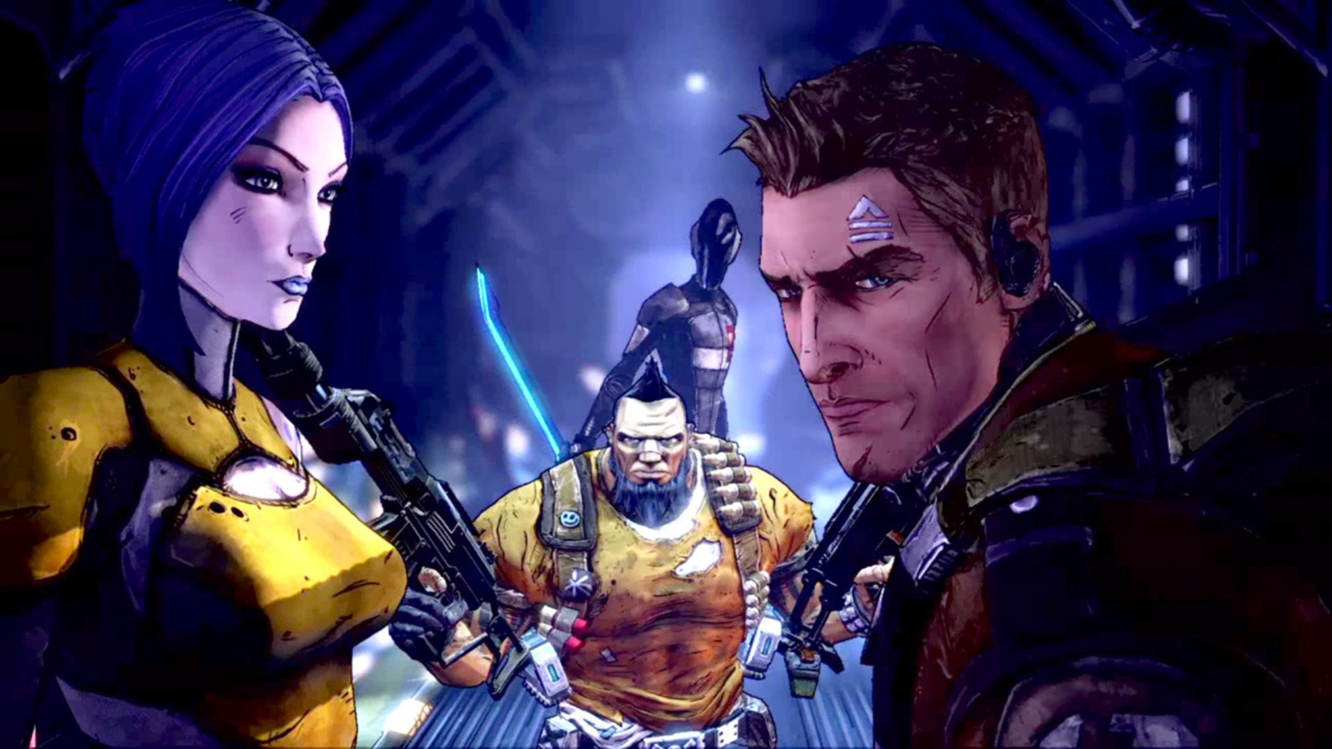 FPS ゲーム - Borderland の 3 人のキャラクター。 左は青い髪と黄色い上着の女性、中央はとがった髪と黄色い上着の強い男性、右は短い茶色の髪と首に鎧をまとった彫りの深い男性。