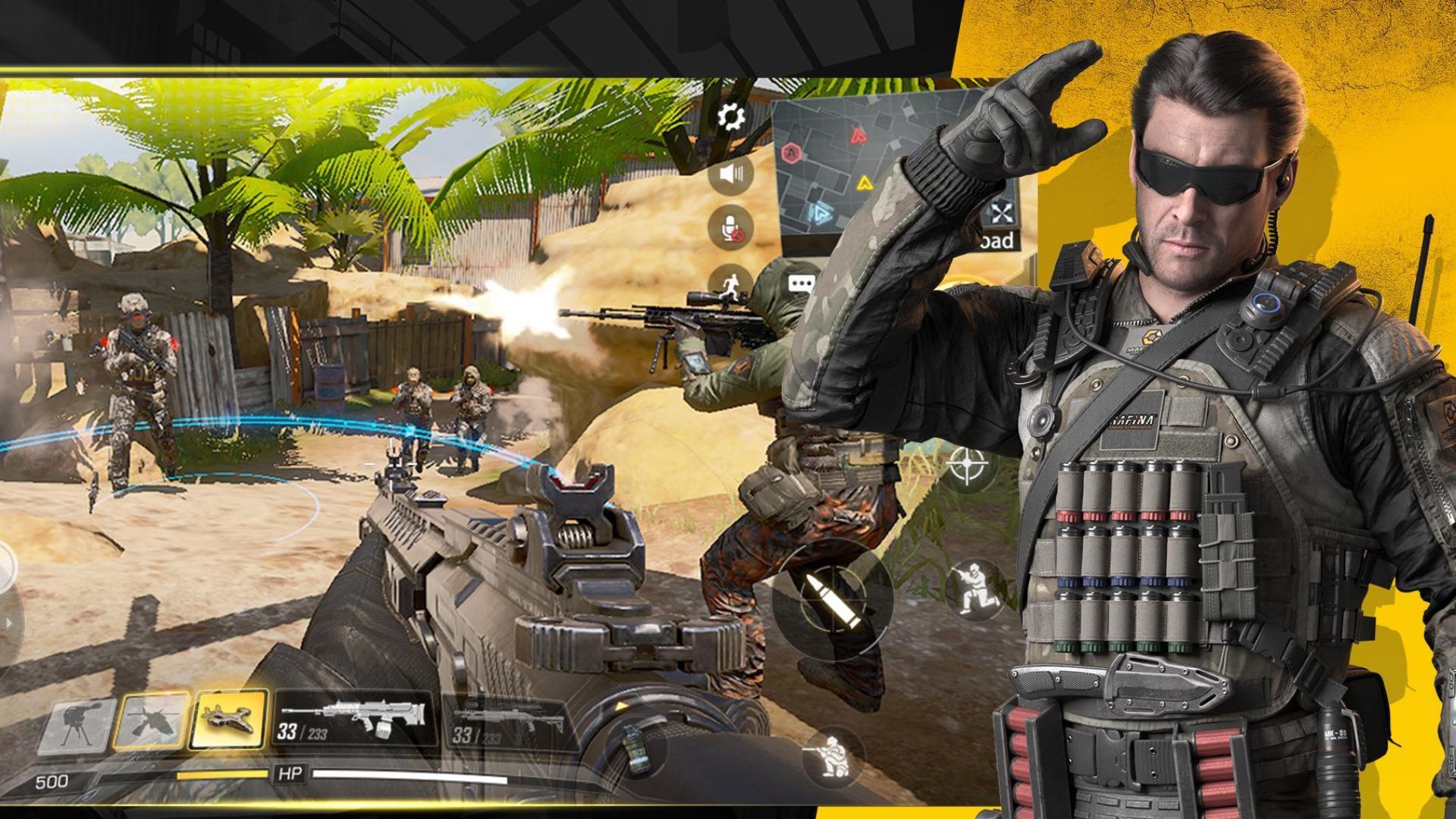 FPS ゲーム - Cod Mobile のスクリーンショットの隣で現代の兵士の鎧を着て敬礼している男性が、アサルトライフルを持っている男性の一人称視点を示しています。