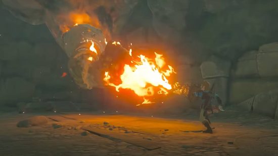 Zelda Tears of Kingdom Zonai の説明: リンクは、ドラゴンの頭が付いた盾で敵を攻撃します。