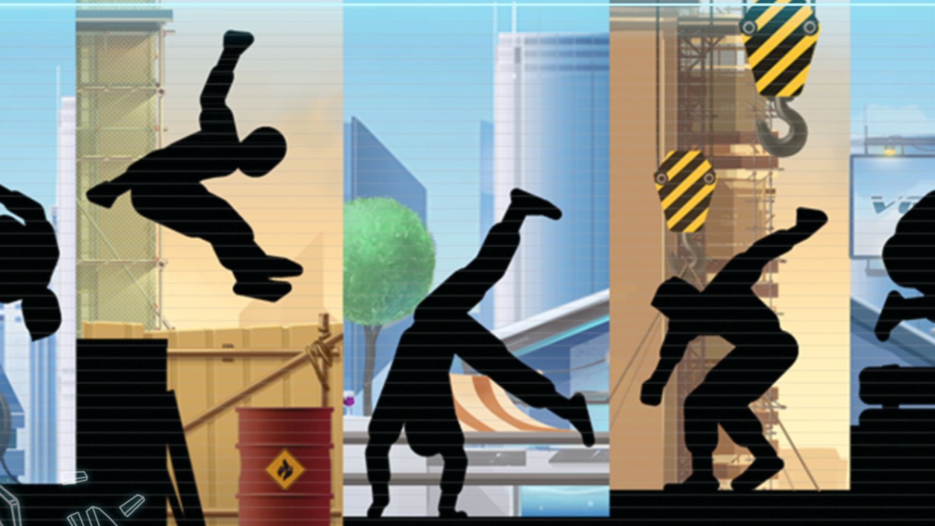 パルクール ゲーム -- さまざまなシーンで 3 つのシルエットがアクロバティックなパルクールの動きをします。
