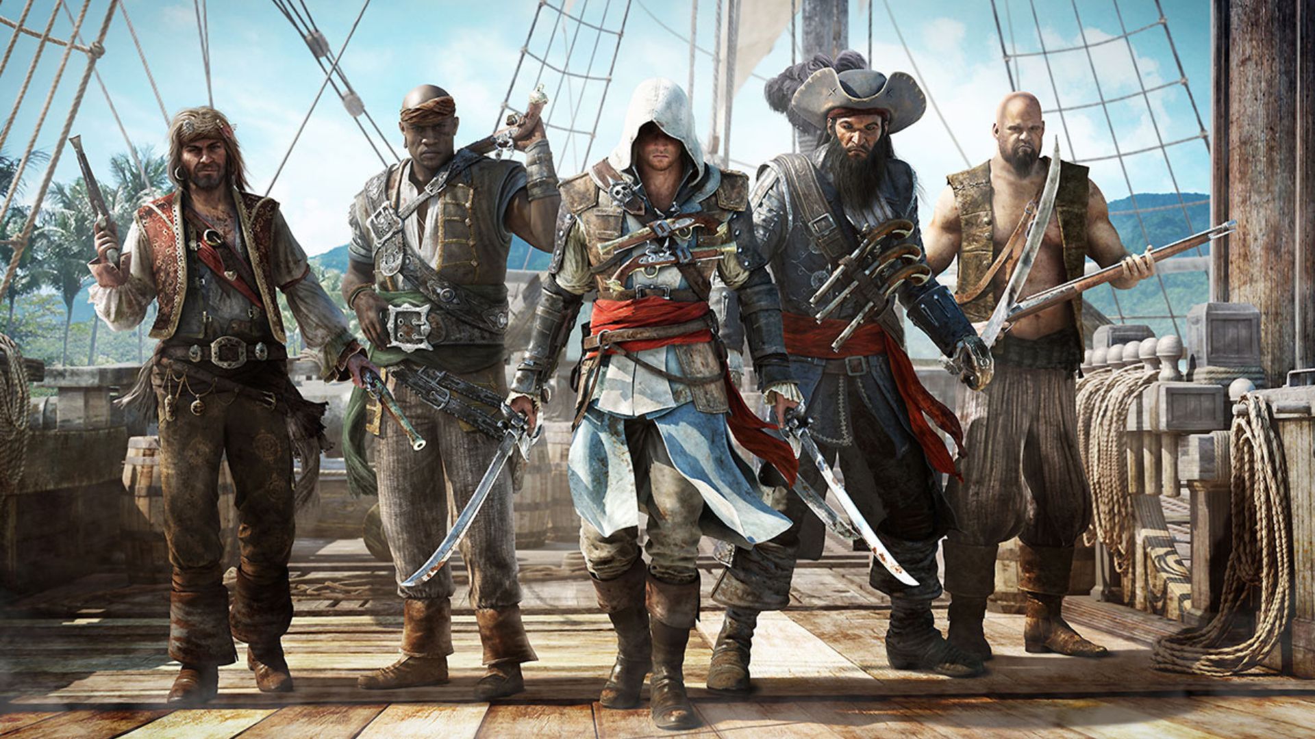 パルクール ゲーム -- 船の甲板上の 5 人の海賊。 真ん中には白い海賊服を着たフード付きの海賊がいて、2 本の剣を差し出しています。 残りは、海賊が取得するのと同じくらい一般的です。 適切な海賊海賊もの。
