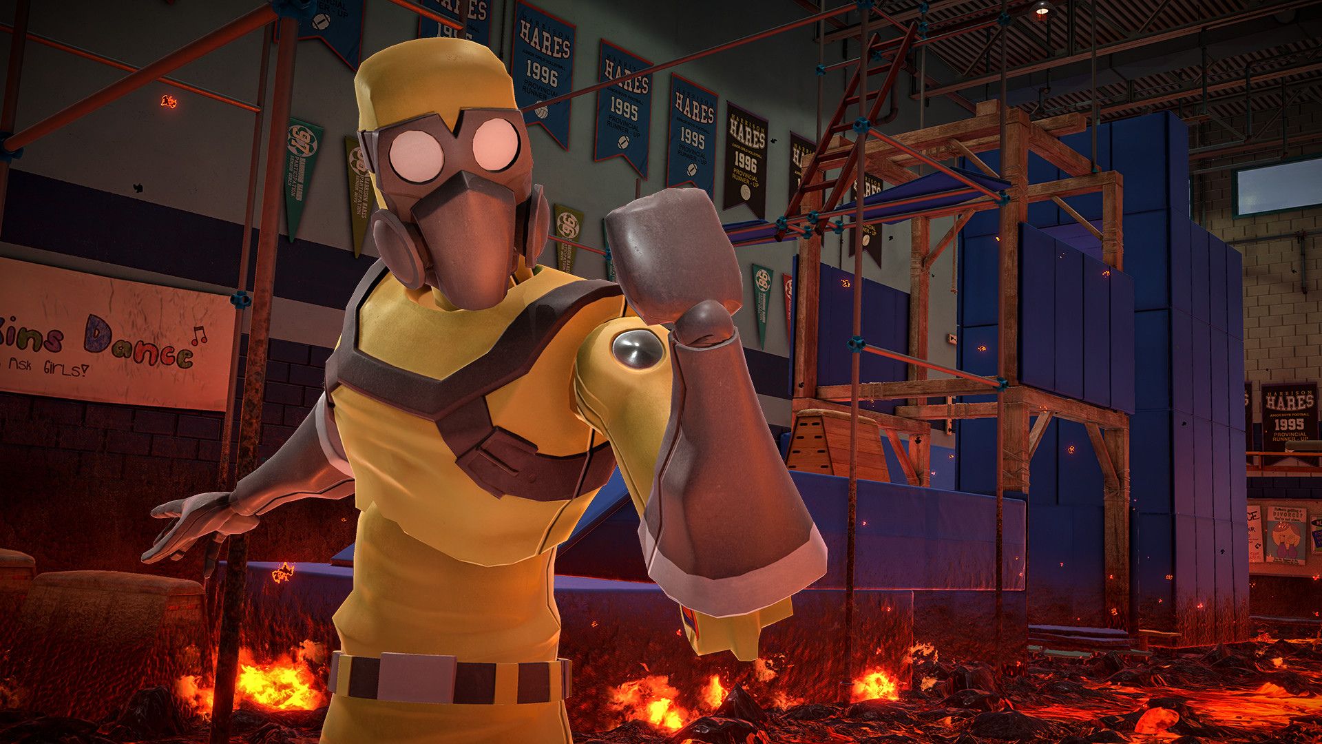 パルクール ゲーム - ある種の化学防護服を着た人間が、建設のような骨董品と燃えるような溶岩の前で、すべて黄色のガッツポーズをします。