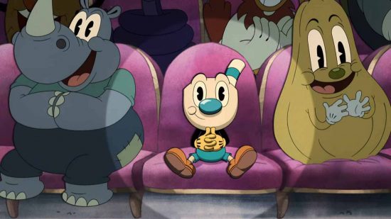 Cuphead Mugman: Cuphead Show のスクリーンショットでは、Mugman が映画館の座席に座っており、ライトが照らされています。