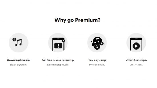 Spotify とは: 無制限のスキップ、広告なしの音楽、ダウンロードなど、Spotify Premium の利点を示すグラフィック。 