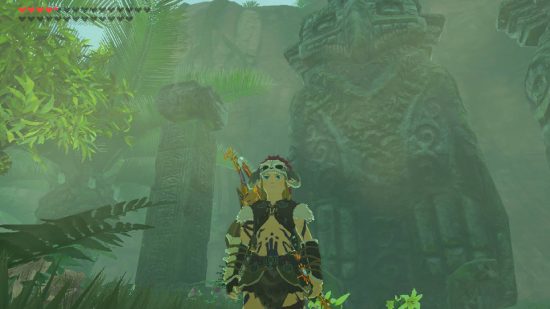 Zelda Tears of Kingdom Zonai の説明: リンクはバーバリアン アーマーを身に着けた Zonai 構造の前に立っています。