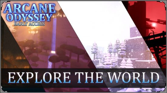 Arcane Odyssey のさまざまなゲーム内ショットをフィーチャーしたキー アートをコード化