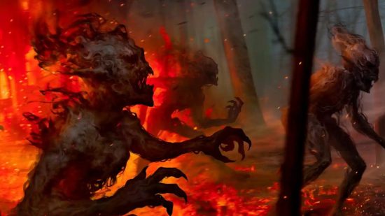ウィッチャー 3 グウェント カード: 暗い森から出てくる燃える悪魔。