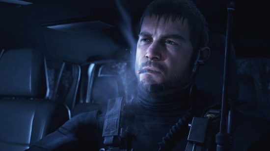 Resident Evil Chris: クリス・レッドフィールドがヘリコプターでタバコを吸っている高品質の画像。