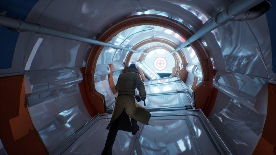 Fortnite Creative 2.0 コード: Fortnite のスクリーンショットは、Fortnite のキャラクターが宇宙船の廊下を移動していることを示しています