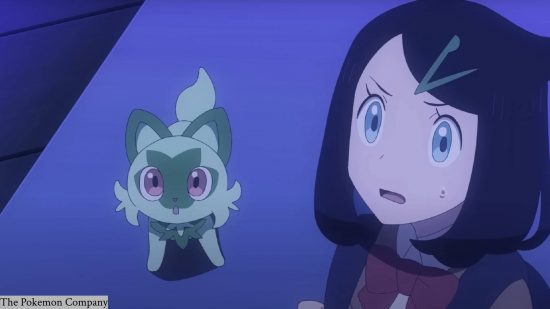新しいポケモンのキャラクター: 相棒のポケモンである草猫のスプリガティートの隣で、見上げている少女が示されています。