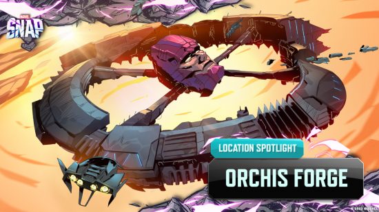 Marvel Snap のホットな場所: Orchis Forge の公式グラフィック。中央に大きな頭がある宇宙ステーションのフォージです。