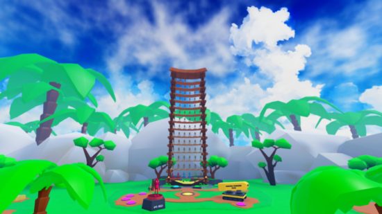 Monkey Tycoon コード - ヤシの木に囲まれた野原の真ん中にある巨大な塔