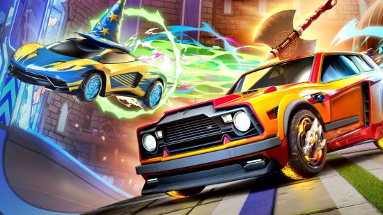 ロケットリーグの幻想的なシーンで、屋根に斧を持ったオレンジ色のハッチバックと、魔法使いの帽子をかぶったスーパーカーが空を飛んでいます。