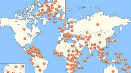 世界のスポルクル諸国: 地図には地球の巨大な詳細バージョンが表示され、すべての国が小さなマーカーで示されています