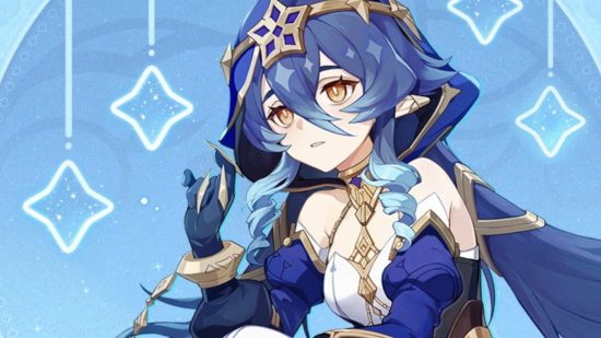 Genshin Impact Layla: Layla のキャラクター説明グラフィックは、ぶら下がっている 4 つの尖った星がある青色の背景に彼女の頭と肩だけを示すようにトリミングされています.
