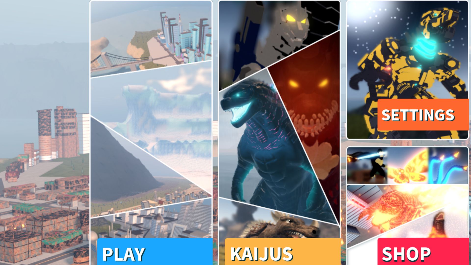 Roblox ゲーム Kaiju Universe のメニュー。  4 つの写真があります。1 つは風景の 1 つで、下部には「play」という言葉があり、ゴジラに似た怪獣のコミック スタイルのマッシュアップには下部に「kaijus」という言葉があり、設定メニューはすべて a の前にあります。大きな仮想風景。