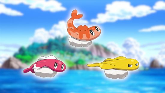 魚のポケモン: 3 つの異なる形のタツギリ、1 つのピンクのドロップピー、1 つのオレンジ カーリー、1 つの黄色のストレッチが、ぼやけたポケモンの風景画像に三角形に配置されています。