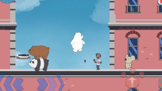 クマのゲーム: We Bare Bears モバイル ゲームのスクリーンショット。グリズリーがパンダの上に立ち、アイス ベアが人間とコアラの NomNom に向かってジャンプしています。
